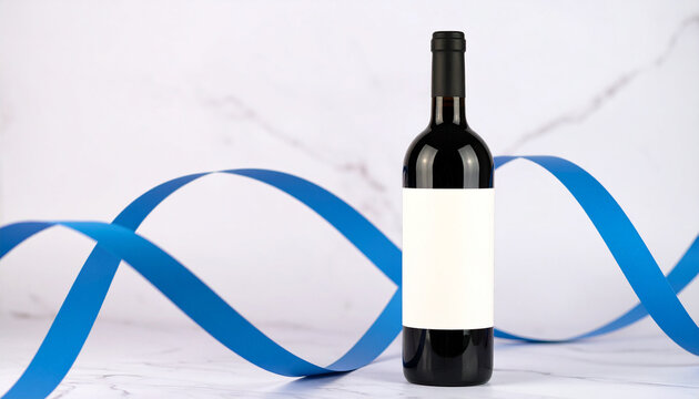 Wine Elegance: A sleek, unlabeled bottle of red wine, presented on a marbled surface, with elegant blue ribbon as a creative elements, symbolizing celebration.
