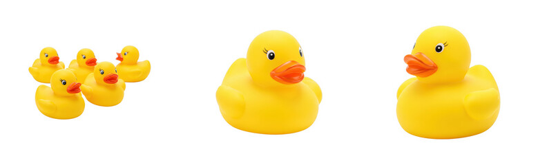 Playful yellow rubber ducks in a bright studio setting with a fun and whimsical atmosphere. Cut out PNG set