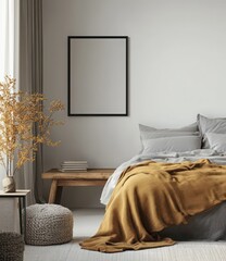 Cozy modern bedroom with neutral tones, elegant decor, and minimalist furnishings for serene indoor living