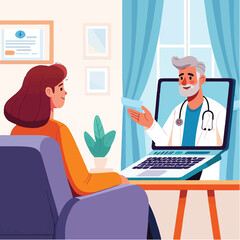 Vector illustration of an online doctor consultation. Woman at home using a laptop for a virtual medical appointment.