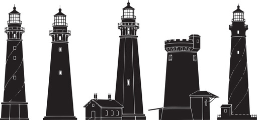 Lighthouse Silhouette Set Vector on White Background