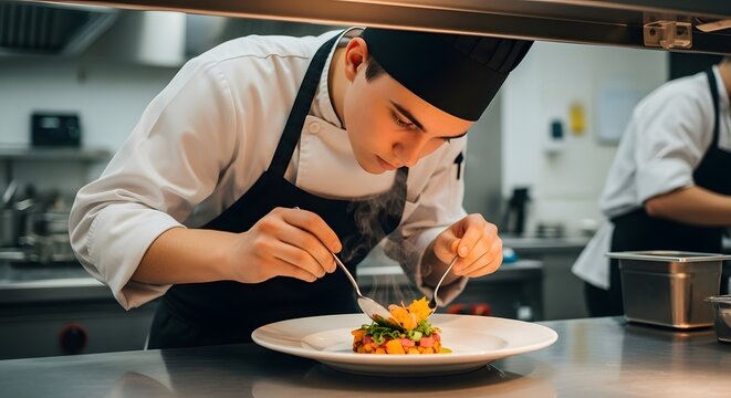 Professional Chef Plating Gourmet Dish in Restaurant Kitchen - Powered by Adobe