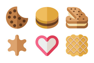Cookie and biscuit icon set, sweet dessert vector, chocolate chip cookie illustration, bakery snack collection, tasty treat design