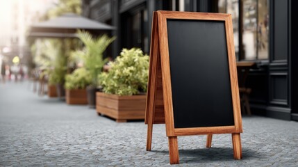 Blank chalkboard sign in outdoor restaurant setting on sidewalk for customizable message and advertising display