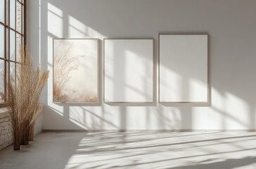 Minimalist Interior Space with Natural Light Highlighting Empty Picture Frames and Decorative Dried Plants