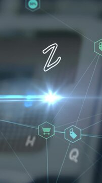 Animation of letter, lens flare, 3d buildings and icons connected with lines over sim card tray