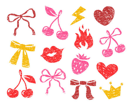 Ribbon bow, cherry, heart shape, kissing lips, flame, strawberry, queen crown. Whimsy coquette hand drawn grunge elements with crayon or chalk texture. Trendy vintage distressed girly fashion prints