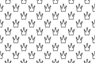 Seamless pattern completely filled with outlines of crown symbols. Elements are evenly spaced. Illustration on transparent background