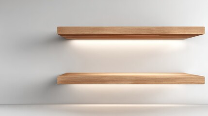 Two illuminated wooden shelves against a plain wall, perfect for product display or showcasing design elements.