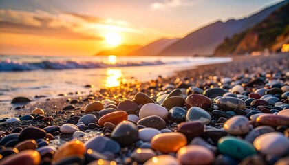 Sunset beach scene with wet colorful pebbles, calm sea, and distant hills under golden sky