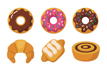 Donut and pastry icon set, sweet dessert vector, donut and croissant illustration, bakery treat collection, tasty snack design