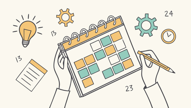 Illustrated Calendar with Hands Gears Lightbulb and Clock Elements.