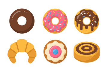 Donut and pastry icon set, sweet dessert vector, croissant and roll illustration, bakery treat collection, tasty snack design