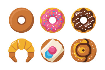 Obraz premium Assorted donut icons, sweet pastry vector, croissant and roll illustration, bakery dessert collection, tasty treat design