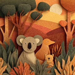 Paper-cut illustration of a koala, kangaroo, and platypus among eucalyptus trees, warm ochre and green tones, stylized outback landscape, scrapbook-style texture, travel poster vibe 