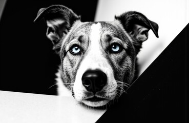 Obraz premium A close-up of a dog with striking blue eyes looking through a gap in black and white background