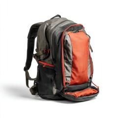 Empty hiking backpack open isolated on white background studio shot clean lighting high resolution ar 16:9