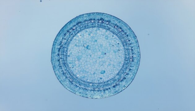 Microscopic cross section of a plant stem. Blue tinted cellular structure under microscope for biology, science education, botany research, and medical laboratory concepts.