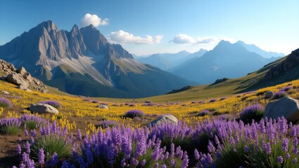 A colorful alpine meadow with wildflowers and majestic mountains.