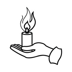 hand holding burning candle line art drawing on white background 