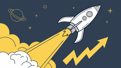 Naklejka premium Retro Rocket Launching into Space with Growth Arrow.