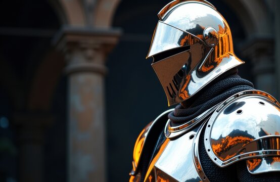 A futuristic knight in shiny metallic armor with a reflective helmet standing outdoors