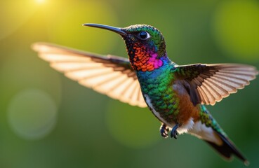 Fototapeta premium Colorful hummingbird in mid-flight with wings spread wide against a blurred green background