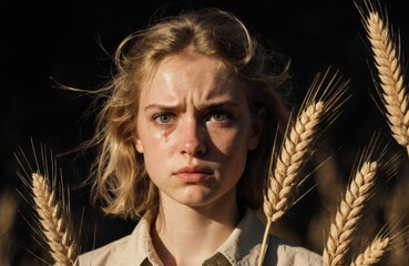 A young woman with a distressed expression surrounded by wheat stalks in dramatic lighting