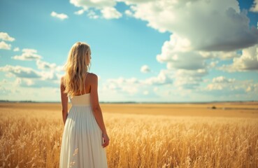 Obraz premium Woman standing in a golden wheat field under a partly cloudy sky