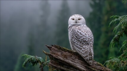 Fototapeta premium Majestic Snowy Owl Perched in Misty Forest Environment, Wildlife Photography, Symbol of Wilderness and Winter