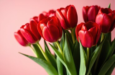 Fototapeta premium Vivid red tulips with green leaves against a soft pink background