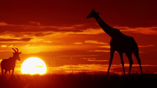 Serene Giraffe Silhouette Bathed in Sunset's Golden Orange