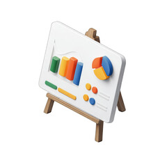 White presentation board with colorful charts & graphs on easel