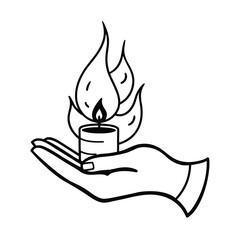 hand holding burning candle line art drawing on white background 