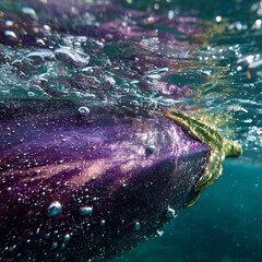 Close-up underwater view of a large eggplant submerging, water refracting through its glossy skin, delicate air bubbles clinging to the surface, serene and detailed aquatic scene 