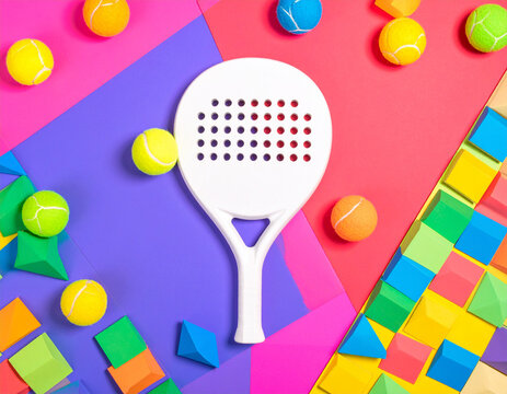 Colorful Padel Composition: White Racket, Tennis Balls, and Geometric Shapes on Vibrant Background