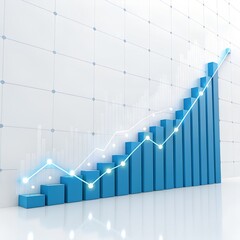 3d blue bar chart with upward trend line and data points, representing business growth and financial success, isolated on white background