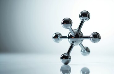 A metallic molecular model with a reflective surface on a light background