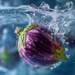 Purple eggplant slicing through water surface with ripples and splashes, tiny water droplets suspended mid-air, deep focus on texture and water distortion, ultra-realistic underwater shot 
