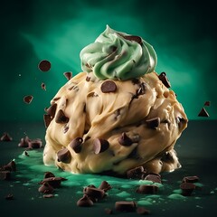 Obraz premium Delicious mint chocolate chip ice cream scoop with chocolate chips around
