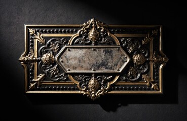 Antique ornate metal plaque with intricate decorative frame on dark background