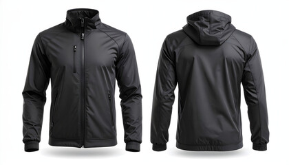Photorealistic mockup of a blank black windbreaker jacket with front and back views.