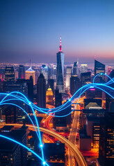 Obraz premium Smart city and big data connection technology concept with digital blue wavy wires with antennas on night megapolis city skyline background, double exposure, simple style, with white tones