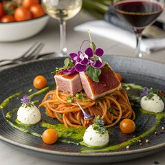 Delicious tuna steak served over spaghetti with fresh tomato sauce and creamy cheese balls on a decorated plate