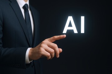 Artificial Intelligence Concept: Business Man Touching Glowing AI Letters on Dark Background. Innovation and Technology