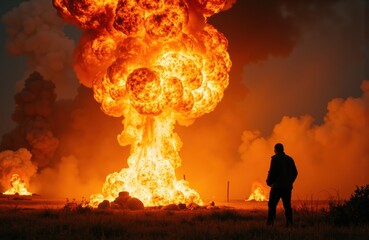 Fototapeta premium A person standing and observing a large explosion with bright orange flames and thick smoke in the background