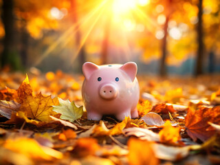 Pink piggy bank on autumn leaves in forest with sunlight, saving concept