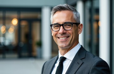 Naklejka premium Confident businessman smiling outdoors in formal attire