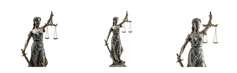 Justice symbolized by lady justice statue indoor studio high-quality artistic representation perspective. Cut out PNG set