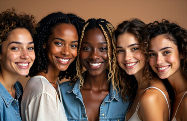 Fototapeta premium Group of five diverse women smiling together in casual clothing